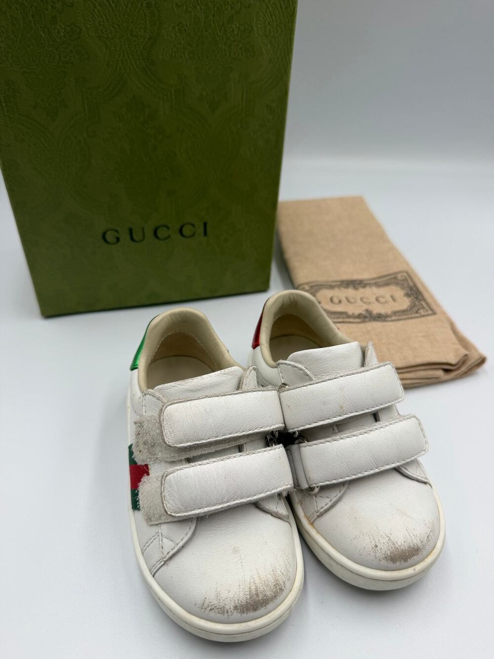 Gucci kids leather ace sneaker with web size 20 with box